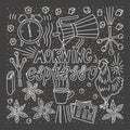 Doodle style sketch . Morning espresso lettering cup of coffee singing rooster alarm