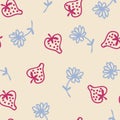 Doodle style strawberries and flowers summer seamless pattern. Perfect for scrapbooking, textile and prints. Royalty Free Stock Photo
