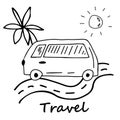 Doodle style travel concept. Elements are isolated on a white background. The bus goes on the road, the sun, a palm tree. Stock