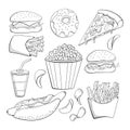 Doodle style various fast foods collection. Food icon set.