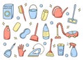 Doodle style vector cleaning elements. A set of drawings of cleaning products and items. Room washing kit Royalty Free Stock Photo