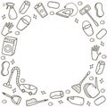 Doodle style vector cleaning elements. A set of drawings of cleaning products and items. Room washing kit Royalty Free Stock Photo