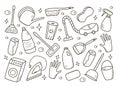 Doodle style vector cleaning elements. A set of drawings of cleaning products and items. Room washing kit Royalty Free Stock Photo