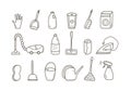 Doodle style vector cleaning elements. A set of drawings of cleaning products and items. Room washing kit Royalty Free Stock Photo