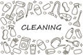 Doodle style vector cleaning elements. A set of drawings of cleaning products and items. Room washing kit Royalty Free Stock Photo