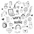 Doodle style vector set about working at home during the coronavirus pandemic, freelancing, and self-isolation. Home appliances Royalty Free Stock Photo