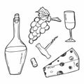 Doodle style wine set illustration in vector format including bottle, glass, corkscrew, and cork and grape Royalty Free Stock Photo