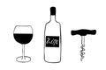 Doodle style wine set illustration in vector format including bottle, glass, corkscrew, and cork. Bottle, glass with Royalty Free Stock Photo