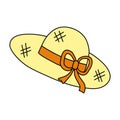Doodle style yellow straw hat with ribbon and bow, gardening or spring time design element, vector