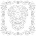 Doodle stylized black and white sugar skull in floral frame hand drawn, monochrome Royalty Free Stock Photo