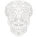 Doodle stylized black and white sugar skull, hand drawing