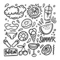 Doodle summer beach elements set. Hand drawn black color outline style. Royalty Free Stock Photo