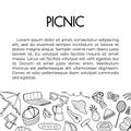 Doodle summer picnic banner with free place for text on white background. Hand drawn barbecue and relax sport time Royalty Free Stock Photo