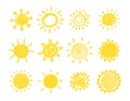 Doodle sun. Hand drawn cartoon yellow sketch sunrise. Vector cute scribble sunshine elements.