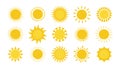 Doodle Sun. Hand drawn simple graphic circle solar elements collection, sunshine round symbols. Yellow silhouette for