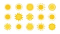 Doodle Sun. Hand drawn simple graphic circle solar elements collection, sunshine round symbols. Yellow silhouette for design and