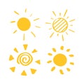 Doodle sun icon set. Hand drawn summer elements. Happy cute sunny art. Vector illustration
