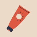 Doodle sunscreen. A tube of sun cream. Cosmetic packaging. Skin care. Hand drawn red tube. SFP protection. Three colors.