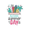 Doodle with surfing boards and palm tree. Aloha, summer day. Logo in outline style. Hand drawn vector design. Element Royalty Free Stock Photo