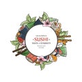 Doodle sushi restaurant and delivery design template. Asian food composition.