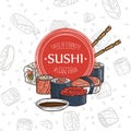 Doodle sushi restaurant and delivery design template. Asian food composition.