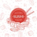 Doodle sushi restaurant and delivery design template. Asian food composition.