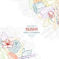 Doodle sushi restaurant menu design template. Engrave asian food frame. Royalty Free Stock Photo