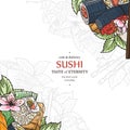 Doodle sushi restaurant menu design template. Engrave asian food frame. Royalty Free Stock Photo