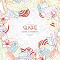 Doodle sushi restaurant menu design template. Engrave asian food frame. Royalty Free Stock Photo
