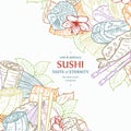 Doodle sushi restaurant menu design template. Engrave asian food frame. Royalty Free Stock Photo