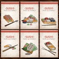 Doodle sushi and rolls on wood. Japanese traditional cuisine dishes illustration.