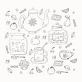 Hand drawn food and drink doodle set. Vector elements. Drawings Dishes, tea, sweets. Tea ceremony.