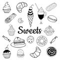 Doodle sweets. Isolated vector icon. Sweet set. Card design.