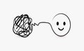 Doodle symbol of difficult and complex task, clew of thread and symbol of solved problem circle with smiling face