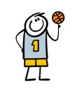 Doodle tall athlete basketball player twirls a ball on his finger. Vector illustration of the stick man professional in Royalty Free Stock Photo