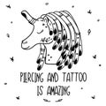 Doodle tattoo art unicorn vector card