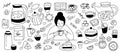 Doodle tea. Cute outline woman with cup and sandwich snacks. Hot drink. Black line sketch. Traditional sweet macaroons Royalty Free Stock Photo