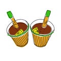 Doodle tea in paper cup. Teabags and peace of lemon. Hot drinks to go. Take away couple of tea cup. Outline simple hand drawn icon Royalty Free Stock Photo
