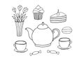 Doodle tea time collection. Teapot, cups, cakes, sweets, vase with flowers. Hand drawn set. Vector illustration. Black Royalty Free Stock Photo