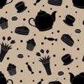 Doodle tea time seamless pattern. Teapot, cups, cakes, sweets, dots and vase with flowers. Hand drawn vector Royalty Free Stock Photo