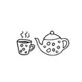 Doodle teapot and cup of tea, hand drawn hot drink, kettle with mug of coffee with steam. Happy morning concept. Sketch,freehand