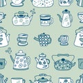 Doodle teapot, cups and mugs autumn seamless pattern. Perfect print for tea towel, dishcloth, stationery, textile and fabric. Hand