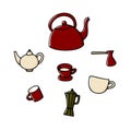 Doodle teapot set. Hand-drawn color Kettle, cup, moka, turka