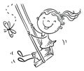 Line drawing of a happy cartoon girl on a swing