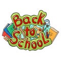 Doodle text back to school with various school supplies. Royalty Free Stock Photo