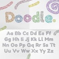 Doodle text font alphabet with wool knitted texture. Vector cartoon hand drawn letters of woven textile lines or color chalk