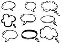 Doodle thinking clouds, chat cartoon bubbles. Hand drawn set. Royalty Free Stock Photo