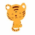 Doodle tiger sitting and screwing up his eyes. Little wild striped cat. Happy design. Vector illustration