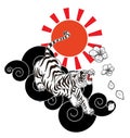 Tiger with flower and Japanese cloud tattoo design vector