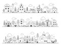 Doodle town street. Cute rural buildings with trees, hand drawn country neighborhood sketch with little houses. Vector